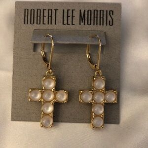 Robert Lee Morris Gold Tone & Mother Of Pearl Cross Drop Earrings NWT